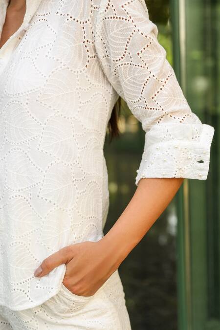 Buy Kay Kay White Cotton Embroidery Collared Foliage Schiffli Shirt And Pant Set Online at Aza Fashions Buy_Kay Kay_White Cotton Embroidery Collared Foliage Schiffli Shirt And Pant Set _Online_at_Aza_Fashions