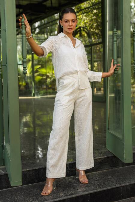 Kay Kay White Cotton Embroidery Collared Foliage Schiffli Shirt And Pant Set at Aza Fashions Kay Kay_White Cotton Embroidery Collared Foliage Schiffli Shirt And Pant Set _at_Aza_Fashions