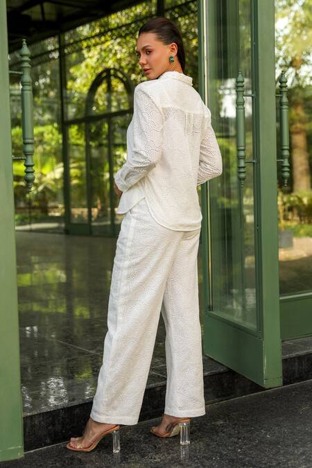 Shop Kay Kay White Cotton Embroidery Collared Foliage Schiffli Shirt And Pant Set at Aza Fashions Shop_Kay Kay_White Cotton Embroidery Collared Foliage Schiffli Shirt And Pant Set _at_Aza_Fashions