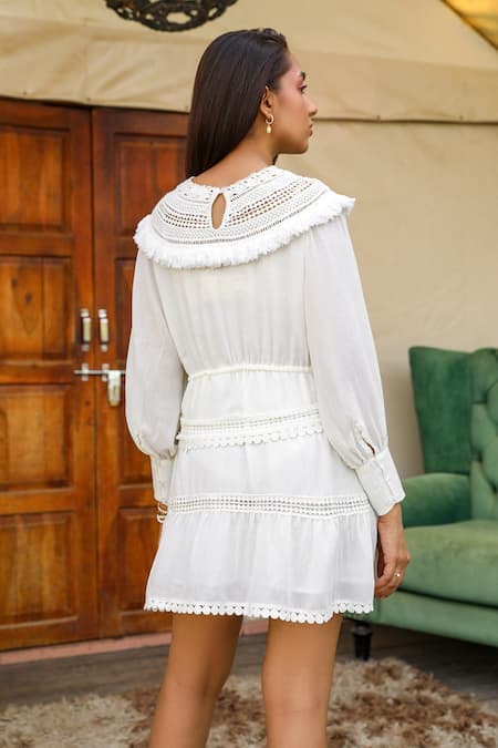 Shop Kay Kay White Cotton, Polyester Tassels Round Neck Lace Embellished Bishop Sleeve Dress at Aza Fashions Shop_Kay Kay_White Cotton, Polyester Tassels Round Neck Lace Embellished Bishop Sleeve Dress _at_Aza_Fashions