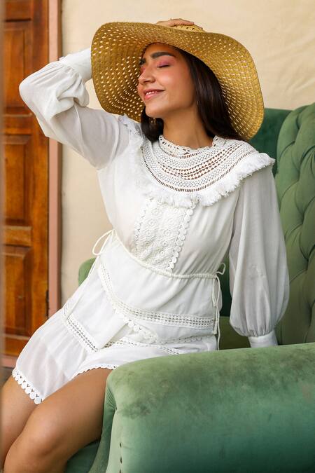 Shop Kay Kay White Cotton, Polyester Tassels Round Neck Lace Embellished Bishop Sleeve Dress Online at Aza Fashions Shop_Kay Kay_White Cotton, Polyester Tassels Round Neck Lace Embellished Bishop Sleeve Dress _Online_at_Aza_Fashions