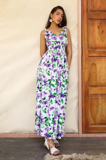 Buy_Kay Kay_White Poplin V-neck Iris Bloom Print Maxi Dress _Online_at_Aza_Fashions
