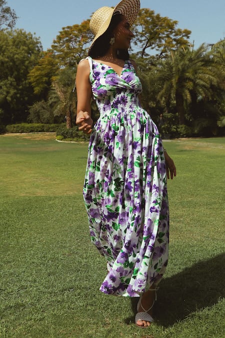 Shop_Kay Kay_White Poplin V-neck Iris Bloom Print Maxi Dress _Online_at_Aza_Fashions