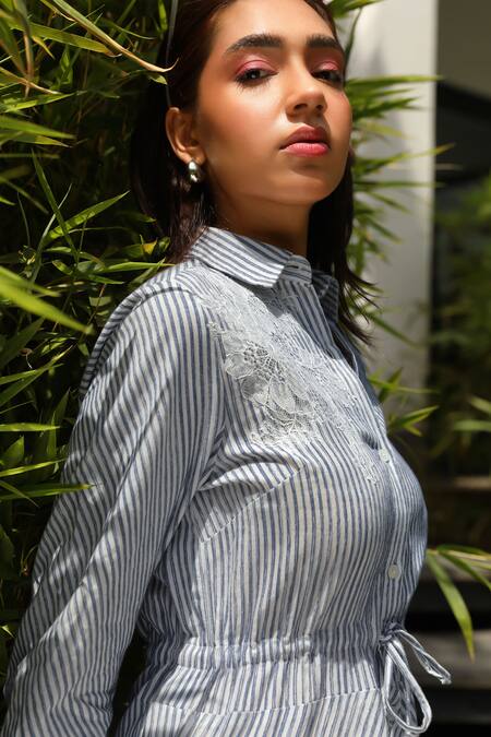 Kay Kay Blue Cotton Lace Collared Striped Print Shirt Dress Online at Aza Fashions Kay Kay_Blue Cotton Lace Collared Striped Print Shirt Dress _Online_at_Aza_Fashions