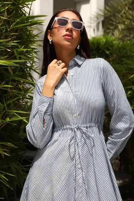 Buy Kay Kay Blue Cotton Lace Collared Striped Print Shirt Dress Online at Aza Fashions Buy_Kay Kay_Blue Cotton Lace Collared Striped Print Shirt Dress _Online_at_Aza_Fashions