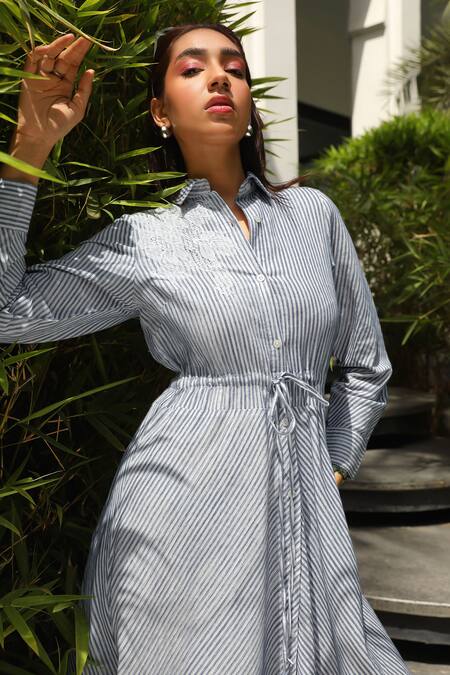 Shop Kay Kay Blue Cotton Lace Collared Striped Print Shirt Dress Online at Aza Fashions Shop_Kay Kay_Blue Cotton Lace Collared Striped Print Shirt Dress _Online_at_Aza_Fashions