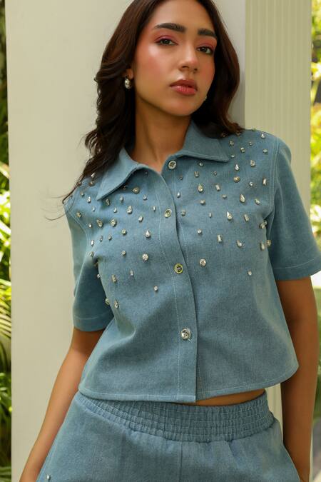 Kay Kay Blue Cotton Stones Collared Embellished Crop Shirt And Shorts at Aza Fashions Kay Kay_Blue Cotton Stones Collared Embellished Crop Shirt And Shorts _at_Aza_Fashions