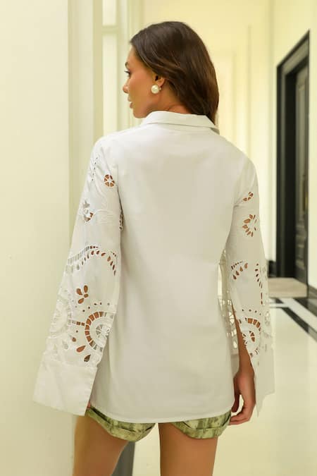 Shop_Kay Kay_White Poplin, Cotton Cut Work Collared Bloom Shirt _at_Aza_Fashions
