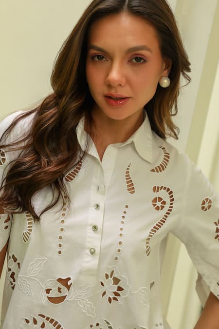 Buy_Kay Kay_White Poplin, Cotton Cut Work Collared Bloom Shirt _Online_at_Aza_Fashions