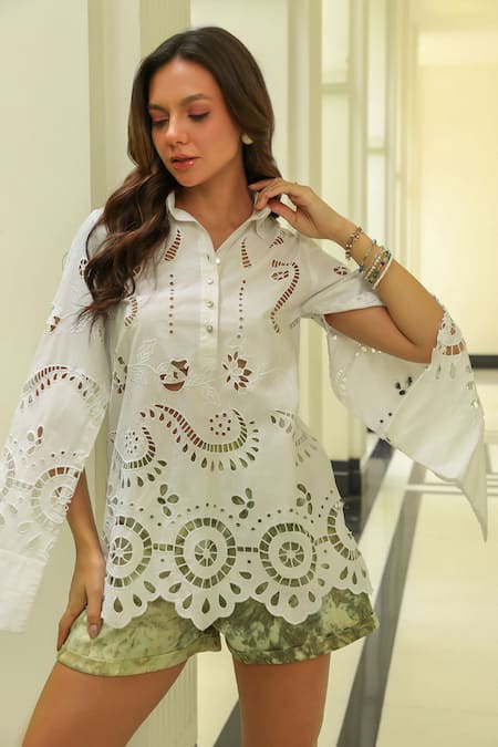 Shop_Kay Kay_White Poplin, Cotton Cut Work Collared Bloom Shirt _Online_at_Aza_Fashions