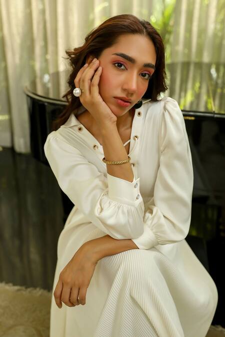 Buy_Kay Kay_White Satin V-neck Puffed Sleeves Maxi Dress _Online_at_Aza_Fashions