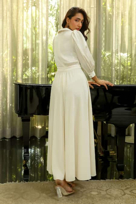 Shop_Kay Kay_White Satin V-neck Puffed Sleeves Maxi Dress _at_Aza_Fashions