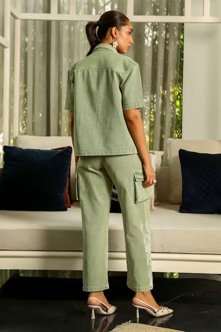 Shop_Kay Kay_Green Cotton Embroidery Collared Blossom Print Shirt And Pant Set _at_Aza_Fashions
