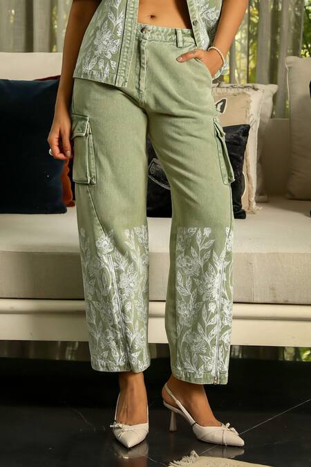 Kay Kay_Green Cotton Embroidery Collared Blossom Print Shirt And Pant Set _Online_at_Aza_Fashions