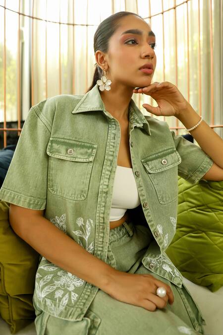 Shop_Kay Kay_Green Cotton Embroidery Collared Blossom Print Shirt And Pant Set _Online_at_Aza_Fashions