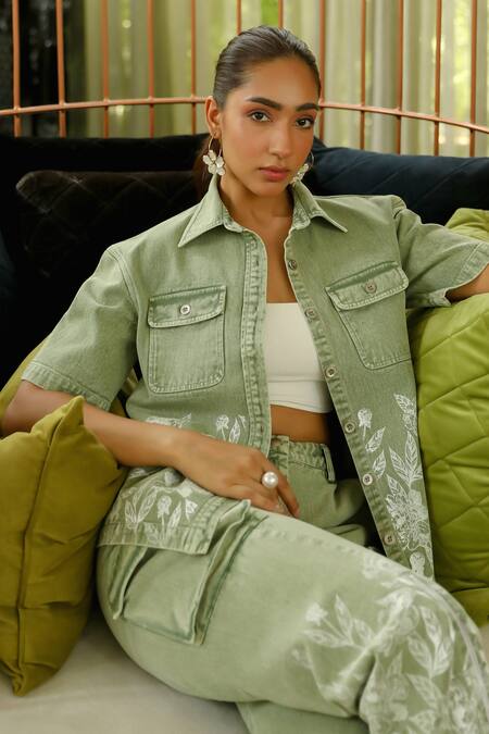 Kay Kay_Green Cotton Embroidery Collared Blossom Print Shirt And Pant Set _at_Aza_Fashions