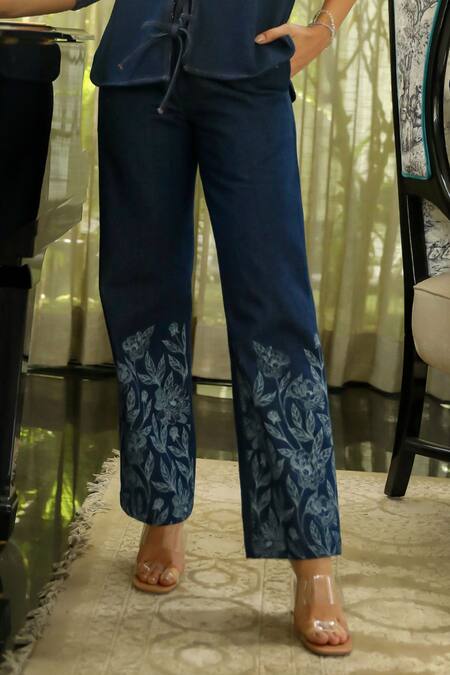 Kay Kay Blue Cotton Embroidery Collared Flora Print Shirt And Pant Set Online at Aza Fashions Kay Kay_Blue Cotton Embroidery Collared Flora Print Shirt And Pant Set _Online_at_Aza_Fashions