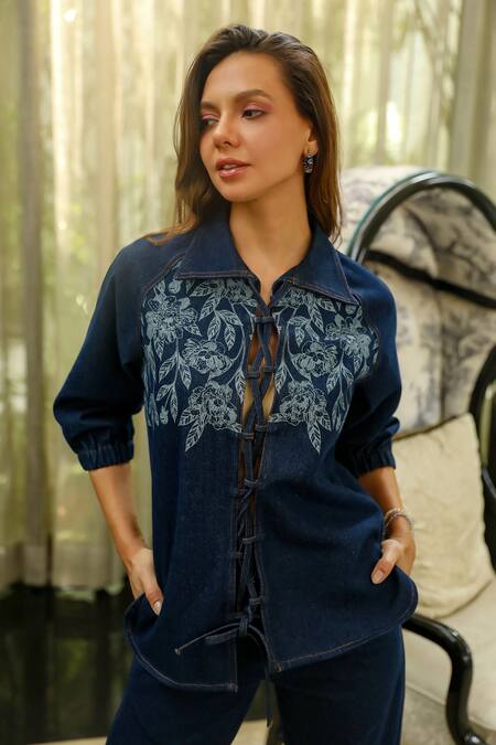 Buy Kay Kay Blue Cotton Embroidery Collared Flora Print Shirt And Pant Set Online at Aza Fashions Buy_Kay Kay_Blue Cotton Embroidery Collared Flora Print Shirt And Pant Set _Online_at_Aza_Fashions