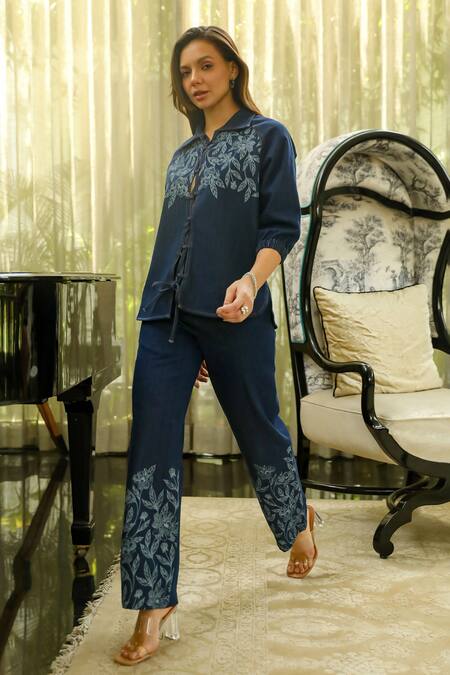 Kay Kay Blue Cotton Embroidery Collared Flora Print Shirt And Pant Set at Aza Fashions Kay Kay_Blue Cotton Embroidery Collared Flora Print Shirt And Pant Set _at_Aza_Fashions