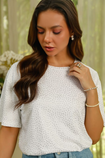 Kay Kay White Cotton Rhinestones Crew Neck Embellished T-shirt Online at Aza Fashions Kay Kay_White Cotton Rhinestones Crew Neck Embellished T-shirt _Online_at_Aza_Fashions