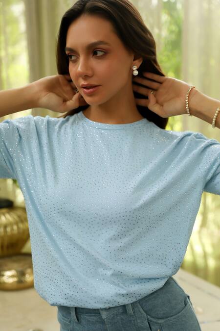 Kay Kay Blue Cotton Crystals Crew Neck Swarovski Embellished T-shirt Online at Aza Fashions Kay Kay_Blue Cotton Crystals Crew Neck Swarovski Embellished T-shirt _Online_at_Aza_Fashions