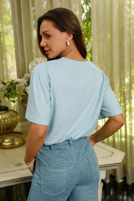 Shop Kay Kay Blue Cotton Crystals Crew Neck Swarovski Embellished T-shirt at Aza Fashions Shop_Kay Kay_Blue Cotton Crystals Crew Neck Swarovski Embellished T-shirt _at_Aza_Fashions