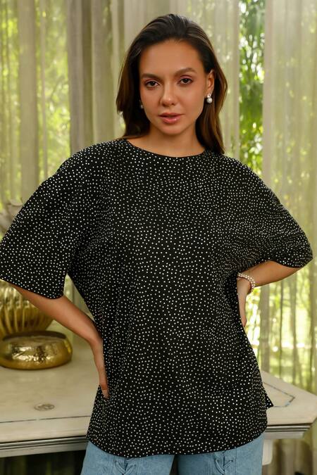 Kay Kay Black Cotton Crystals Crew Neck Embellished T-shirt Online at Aza Fashions Kay Kay_Black Cotton Crystals Crew Neck Embellished T-shirt _Online_at_Aza_Fashions