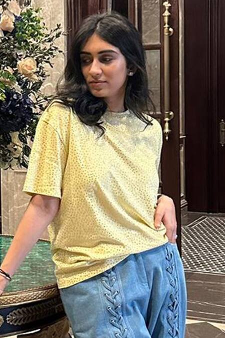 Kay Kay Blue Denim, Cotton Crystals Round Neck Swarovski Embellished T-shirt Set Online at Aza Fashions Kay Kay_Blue Denim, Cotton Crystals Round Neck Swarovski Embellished T-shirt Set _Online_at_Aza_Fashions