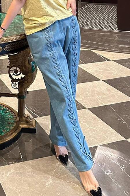 Buy Kay Kay Blue Denim, Cotton Crystals Round Neck Swarovski Embellished T-shirt Set Online at Aza Fashions Buy_Kay Kay_Blue Denim, Cotton Crystals Round Neck Swarovski Embellished T-shirt Set _Online_at_Aza_Fashions