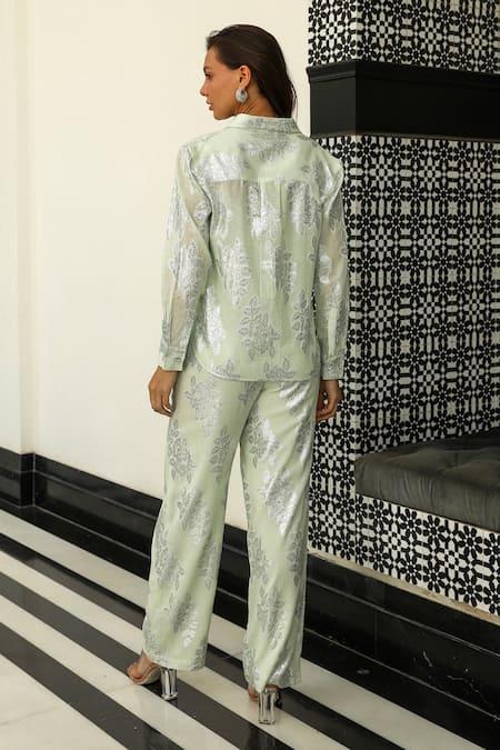 Shop_Kay Kay_Green Cotton, Lurex Embroidery Collared, Pista Floral Woven Shirt Pant Set _at_Aza_Fashions