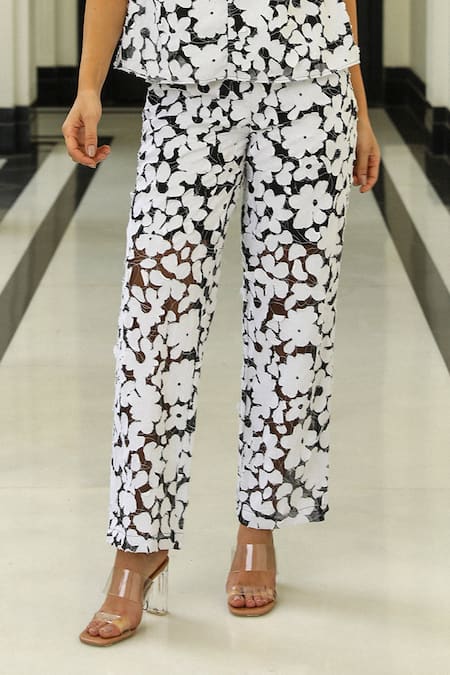 Kay Kay_Black Cotton, Polyester Mandarin Collar Frill Sleeve Fiore Print Top And Pant Set _Online_at_Aza_Fashions