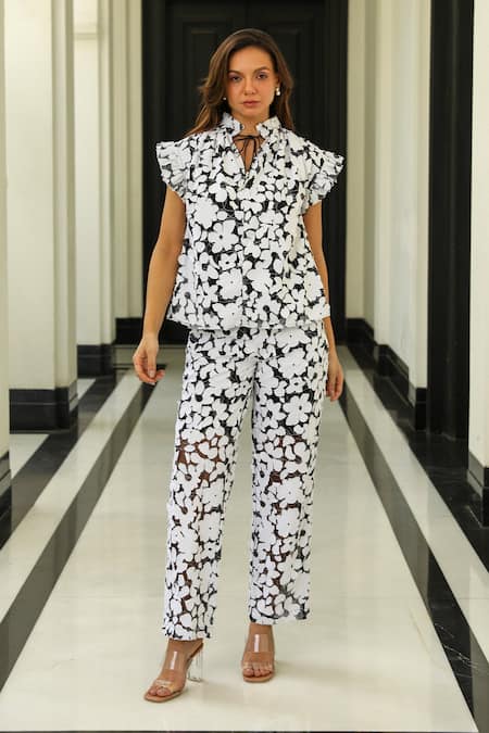 Buy_Kay Kay_Black Cotton, Polyester Mandarin Collar Frill Sleeve Fiore Print Top And Pant Set _Online_at_Aza_Fashions