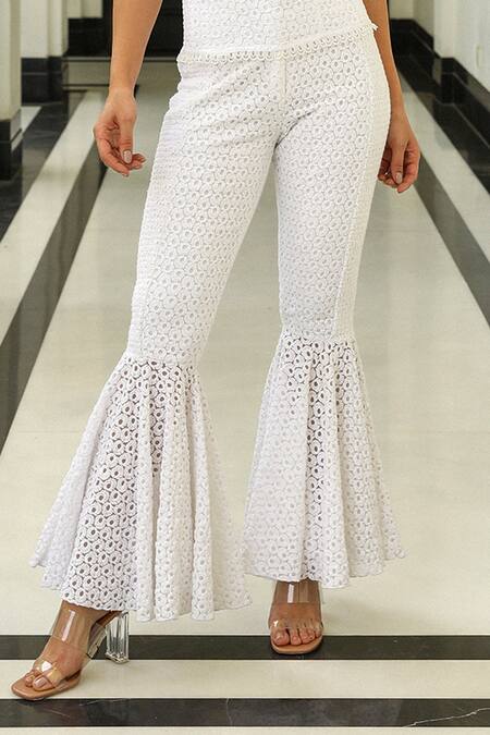 Kay Kay White Cotton, Poplin Embroidery Flora Corset Top And Bell Bottom Pant Online at Aza Fashions Kay Kay_White Cotton, Poplin Embroidery Flora Corset Top And Bell Bottom Pant _Online_at_Aza_Fashions