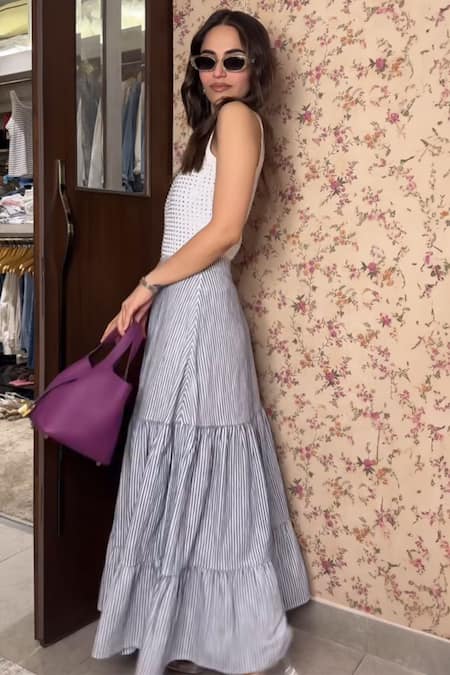 Buy Kay Kay White Cotton Round Neck Embellished Tank Top And Striped Maxi Skirt Set Online at Aza Fashions Buy_Kay Kay_White Cotton Round Neck Embellished Tank Top And Striped Maxi Skirt Set _Online_at_Aza_Fashions