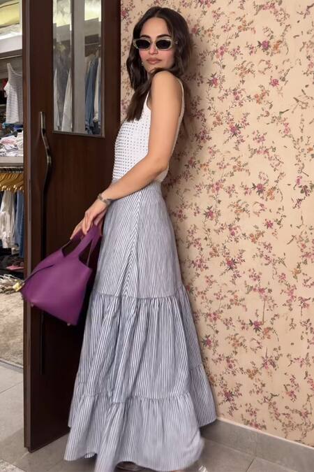 Shop Kay Kay White Cotton Round Neck Embellished Tank Top And Striped Maxi Skirt Set Shop_Kay Kay_White Cotton Round Neck Embellished Tank Top And Striped Maxi Skirt Set