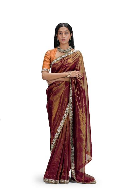 Shop Mimamsaa Brown Tissue, Silk Sequins Asymmetric Garnet Saree Set Online at Aza Fashions Shop_Mimamsaa_Brown Tissue, Silk Sequins Asymmetric Garnet Saree Set _Online_at_Aza_Fashions
