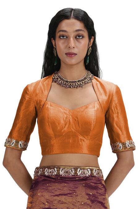 Buy_Mimamsaa_Brown Tissue, Silk Sequins Asymmetric Garnet Saree Set 