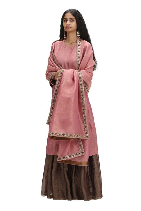Mimamsaa Pink Crepe Sequins Round Neck Textured Kurta Set With Flared Pant Online at Aza Fashions Mimamsaa_Pink Crepe Sequins Round Neck Textured Kurta Set With Flared Pant _Online_at_Aza_Fashions