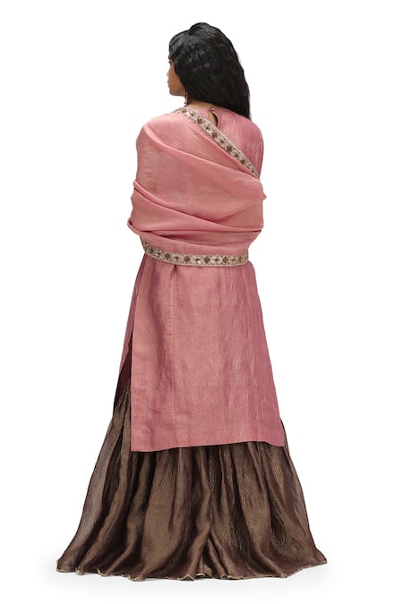 Shop Mimamsaa Pink Crepe Sequins Round Neck Textured Kurta Set With Flared Pant at Aza Fashions Shop_Mimamsaa_Pink Crepe Sequins Round Neck Textured Kurta Set With Flared Pant _at_Aza_Fashions