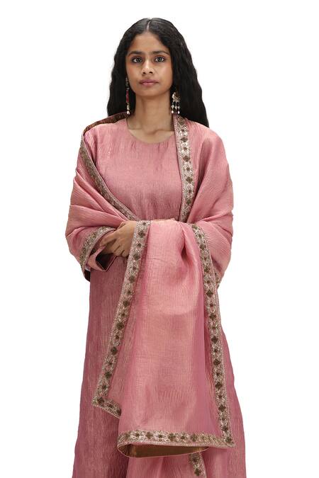 Shop Mimamsaa Pink Crepe Sequins Round Neck Textured Kurta Set With Flared Pant Online at Aza Fashions Shop_Mimamsaa_Pink Crepe Sequins Round Neck Textured Kurta Set With Flared Pant _Online_at_Aza_Fashions
