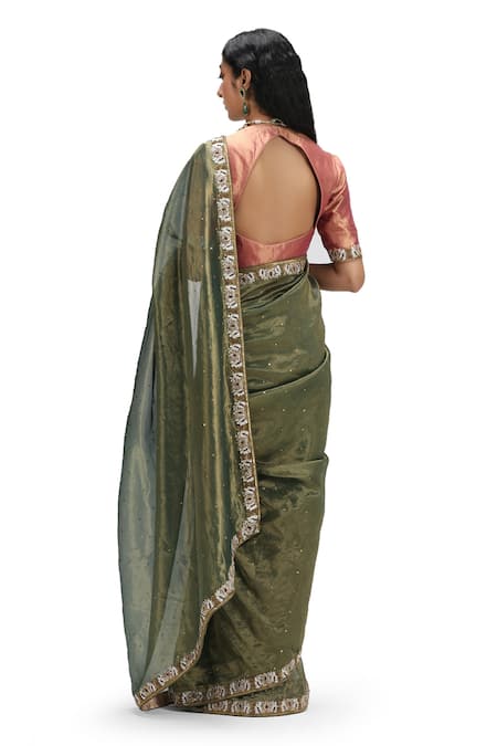 Mimamsaa Olive Green Sequined Metallic Saree & Blouse 