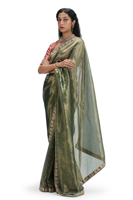 Mimamsaa Green Tissue, Silk Sequins Asymmetric Olive Metallic Saree And Blouse Online at Aza Fashions Mimamsaa_Green Tissue, Silk Sequins Asymmetric Olive Metallic Saree And Blouse _Online_at_Aza_Fashions