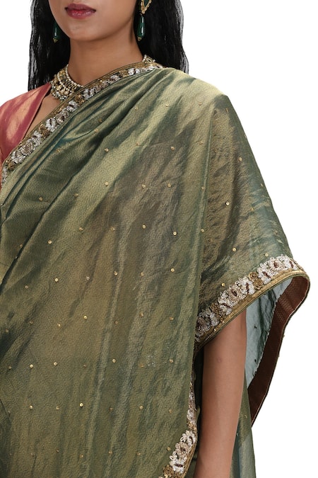 Mimamsaa Green Tissue, Silk Sequins Asymmetric Olive Metallic Saree And Blouse at Aza Fashions Mimamsaa_Green Tissue, Silk Sequins Asymmetric Olive Metallic Saree And Blouse _at_Aza_Fashions