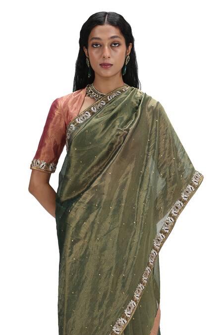 Buy Mimamsaa Green Tissue, Silk Sequins Asymmetric Olive Metallic Saree And Blouse Buy_Mimamsaa_Green Tissue, Silk Sequins Asymmetric Olive Metallic Saree And Blouse