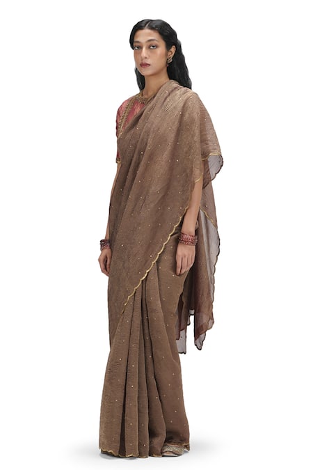 Mimamsaa Brown Crepe Sequins Round Neck Garnet Embroidered Saree And Blouse Online at Aza Fashions Mimamsaa_Brown Crepe Sequins Round Neck Garnet Embroidered Saree And Blouse _Online_at_Aza_Fashions