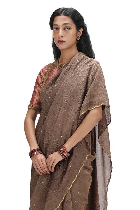 Buy Mimamsaa Brown Crepe Sequins Round Neck Garnet Embroidered Saree And Blouse Online at Aza Fashions Buy_Mimamsaa_Brown Crepe Sequins Round Neck Garnet Embroidered Saree And Blouse _Online_at_Aza_Fashions