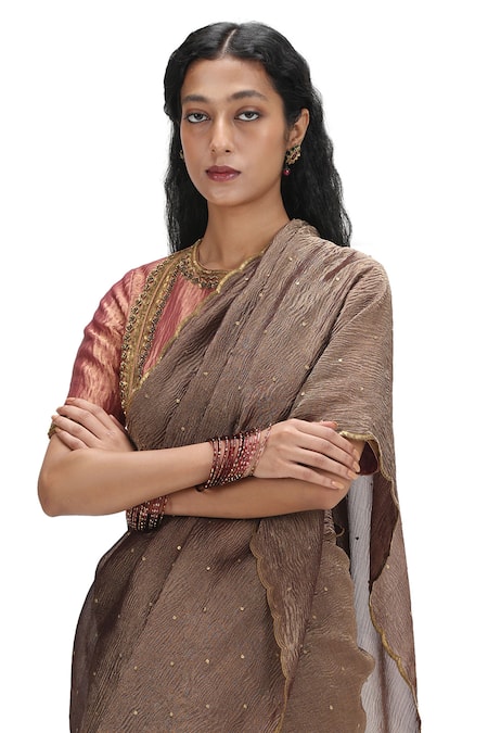 Shop Mimamsaa Brown Crepe Sequins Round Neck Garnet Embroidered Saree And Blouse Online at Aza Fashions Shop_Mimamsaa_Brown Crepe Sequins Round Neck Garnet Embroidered Saree And Blouse _Online_at_Aza_Fashions