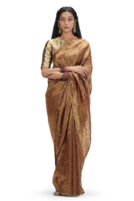 Mimamsaa Brown Tissue, Silk Sequins Round Neck Geometric Pattern Scalloped Saree Set Online at Aza Fashions Mimamsaa_Brown Tissue, Silk Sequins Round Neck Geometric Pattern Scalloped Saree Set _Online_at_Aza_Fashions