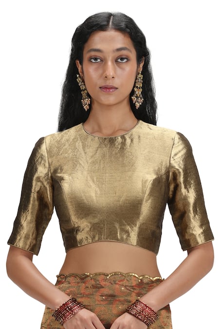 Mimamsaa Brown Tissue, Silk Sequins Round Neck Geometric Pattern Scalloped Saree Set at Aza Fashions Mimamsaa_Brown Tissue, Silk Sequins Round Neck Geometric Pattern Scalloped Saree Set _at_Aza_Fashions