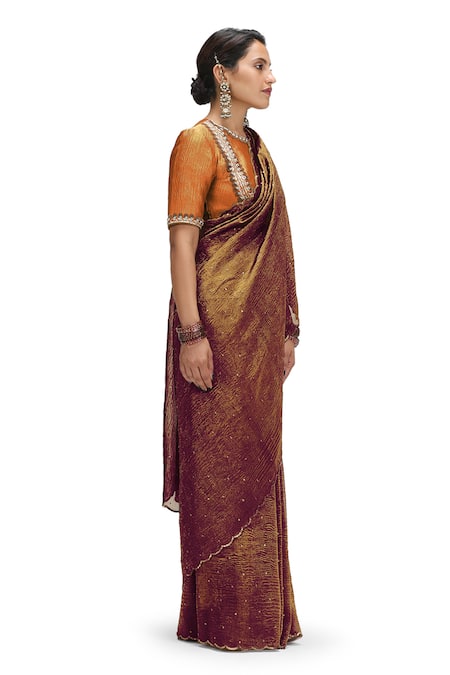 Buy_Mimamsaa_Maroon Tissue, Silk Sequins Round Neck Dhoop Chaon Metallic Saree Set _Online_at_Aza_Fashions